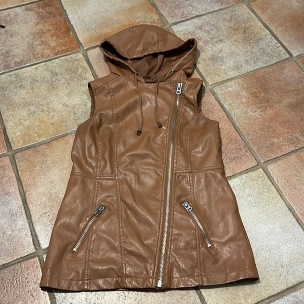 Miss London, faux, leather, hooded Moto vest